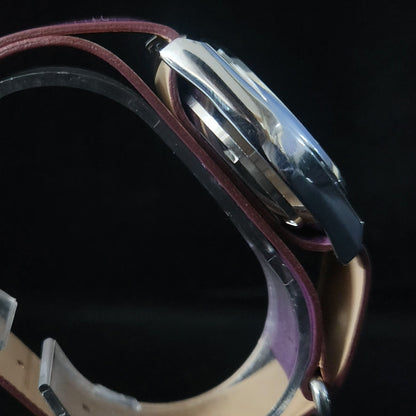 Vintage Mod Arabic Seiko 5 Automatic 17 Jewels Cal. 7009 Purple Face Purple Nato Leather Band Day-Date Men's Wrist Watch S74