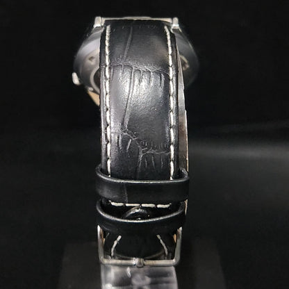 Vintage Mod Arabic Seiko 5 Automatic 17 Jewels Cal. Black Silver Face Black Leather Band Day-Date Men's Wrist Watch S76