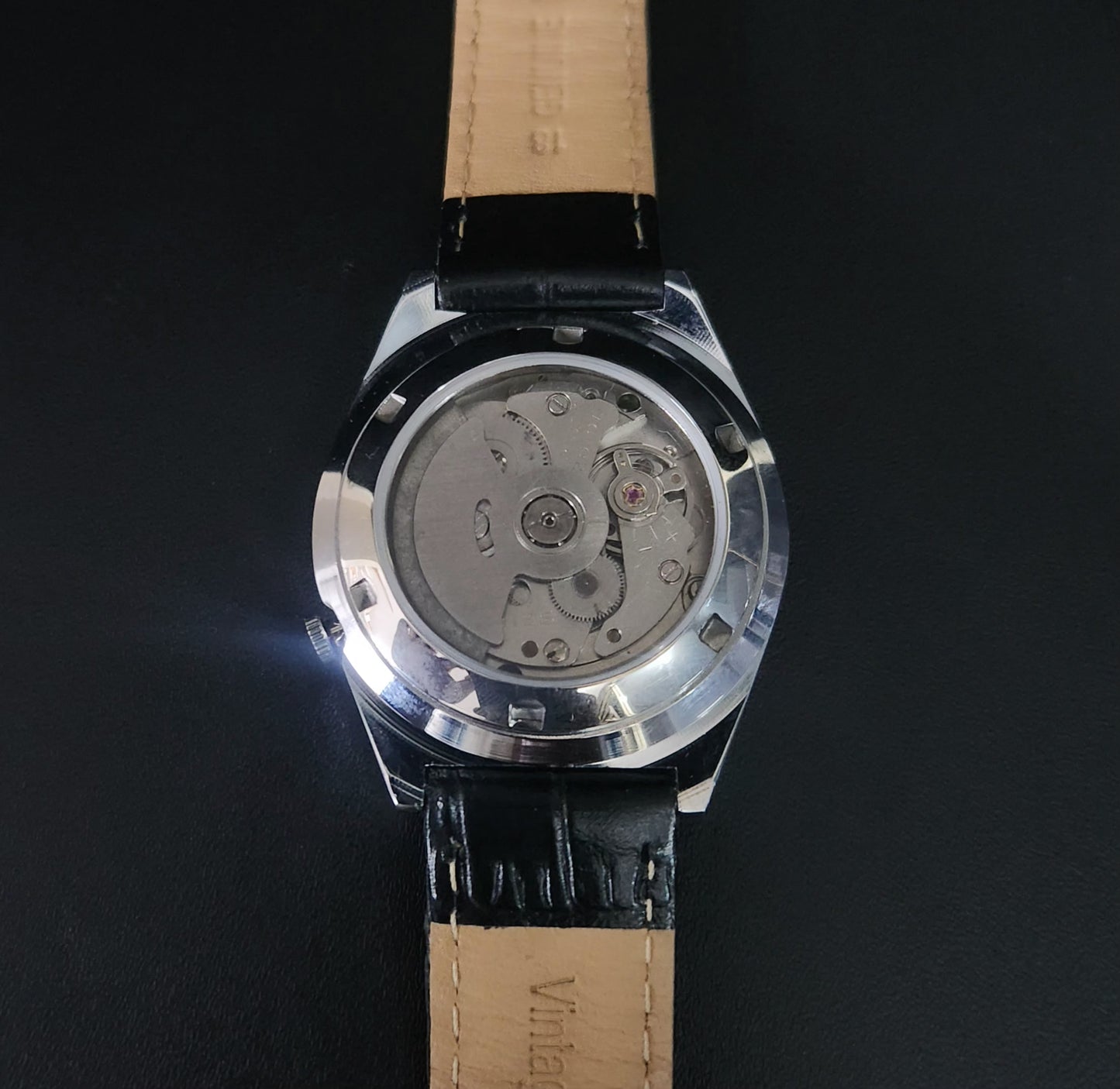 Vintage Mod Arabic Seiko 5 Automatic 17 Jewels Cal. Black Silver Face Black Leather Band Day-Date Men's Wrist Watch S76