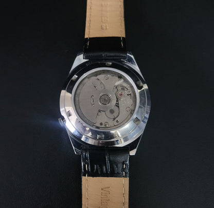 Vintage Mod Arabic Seiko 5 Automatic 17 Jewels Cal. Black Silver Face Black Leather Band Day-Date Men's Wrist Watch S76