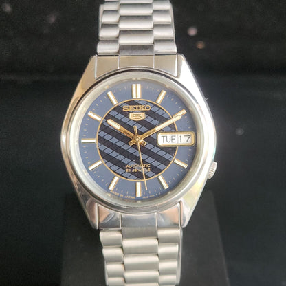 Vintage 1997 Original Seiko 5 Automatic 7S26-8000 Blue Face 21 Jewels Day-Date Japanese Men's Wrist Watch S51