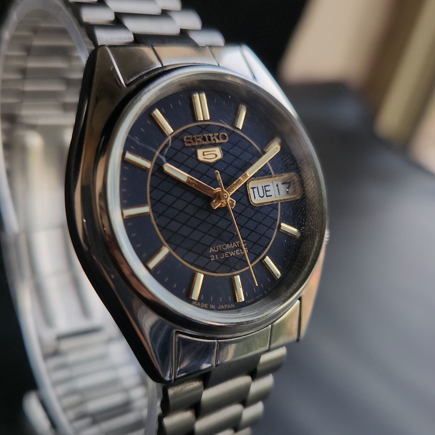 Vintage 1997 Original Seiko 5 Automatic 7S26-8000 Blue Face 21 Jewels Day-Date Japanese Men's Wrist Watch S51