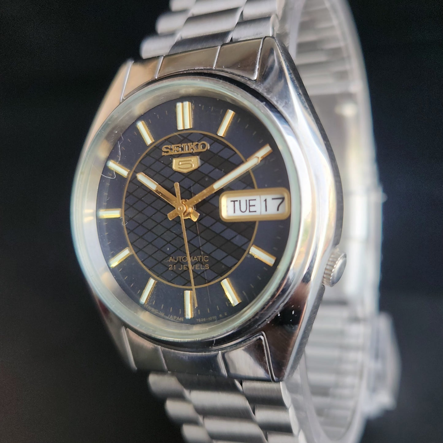 Vintage 1997 Original Seiko 5 Automatic 7S26-8000 Blue Face 21 Jewels Day-Date Japanese Men's Wrist Watch S51
