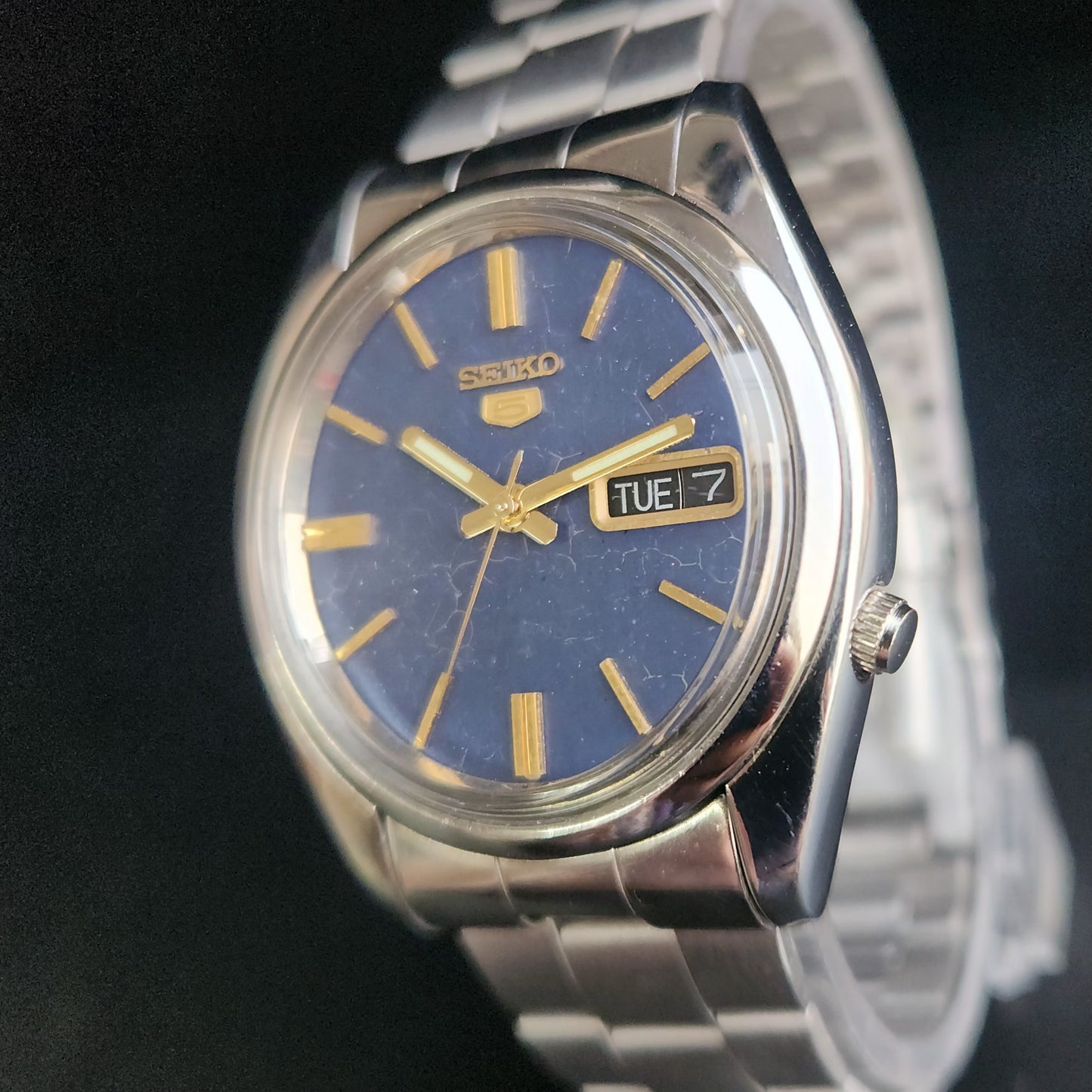 Vintage 1978 Original Seiko 5 Automatic 7009-821A Blue Face 17 Jewels Day-Date Japanese Men's Wrist Watch S65