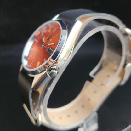 Vintage Mod Seiko 5 Automatic 17 Jewels Cal. 7009 Orange Face Black Nato Leather Band Day-Date Men's Wrist Watch SK