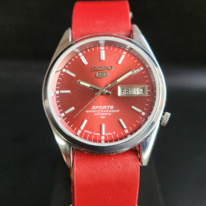 Vintage Mod Seiko 5 Automatic 17 Jewels Cal. 7009 Red Face Red Nato Leather Band Day-Date Men's Wrist Watch Sk