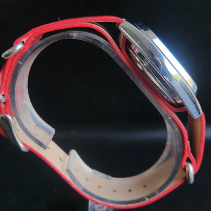 Vintage Mod Seiko 5 Automatic 17 Jewels Cal. 7009 Red Face Red Nato Leather Band Day-Date Men's Wrist Watch Sk