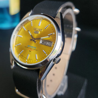 Vintage Mod Seiko 5 Automatic 17 Jewels Cal. 7009 Yellow Face Black Nato Leather Band Day-Date Men's Wrist Watch SK