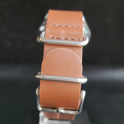 Vintage Mod Seiko 5 Automatic 17 Jewels Cal. 7009 Silver Face Brown Leather Band Day-Date Men's Wrist Watch Sk