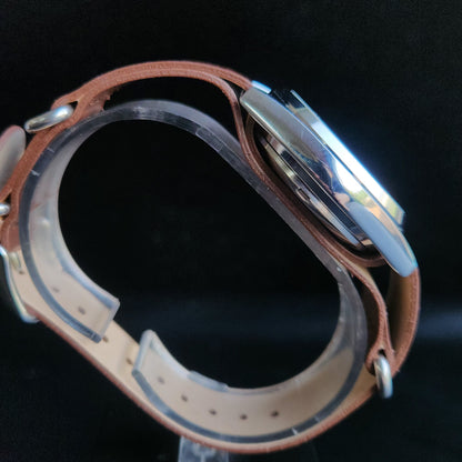 Vintage Mod Seiko 5 Automatic 17 Jewels Cal. 7009 Silver Face Brown Leather Band Day-Date Men's Wrist Watch Sk
