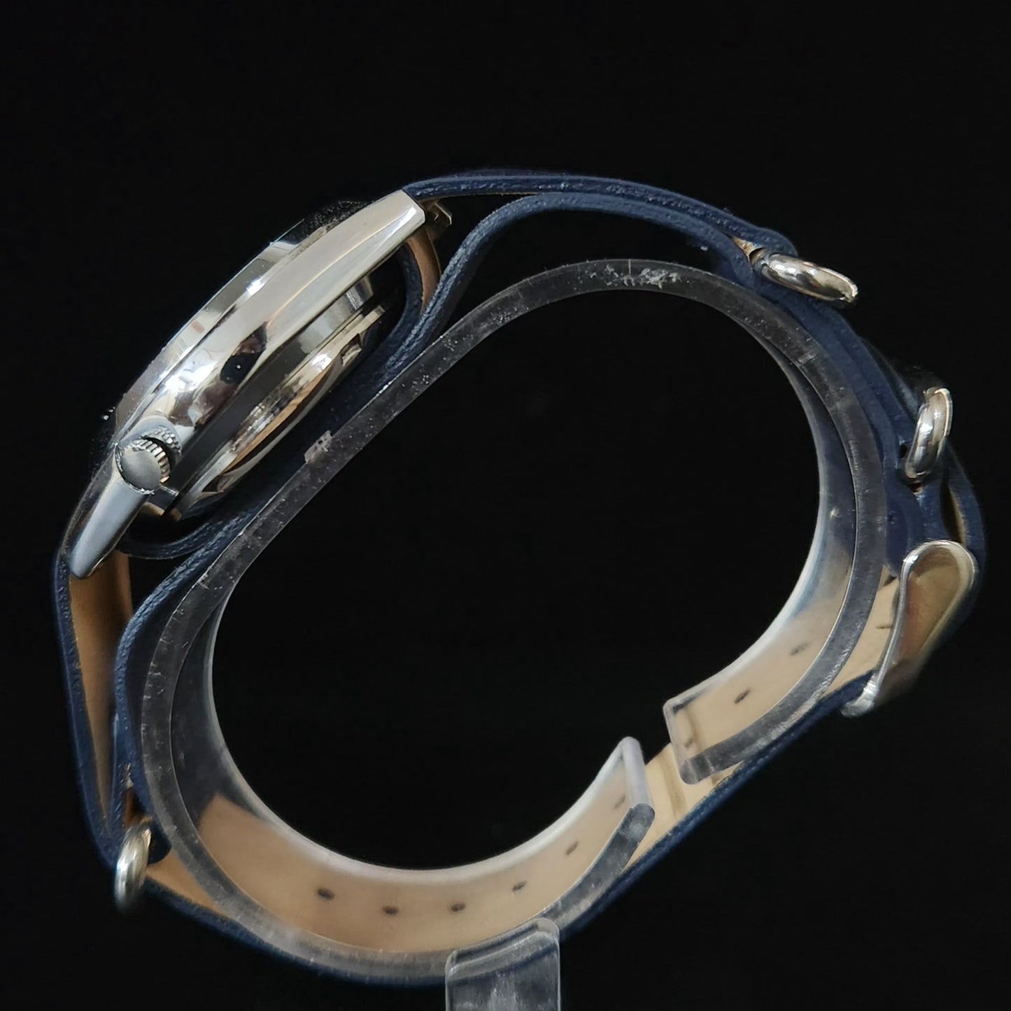 Vintage Mod Seiko 5 Automatic 17 Jewels Cal. 7009 Blue Face Blue Nato Leather Band Day-Date Men's Wrist Watch Sk