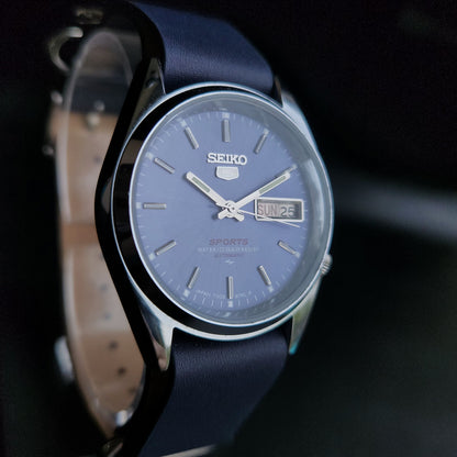 Vintage Mod Seiko 5 Automatic 17 Jewels Cal. 7009 Blue Face Blue Nato Leather Band Day-Date Men's Wrist Watch Sk