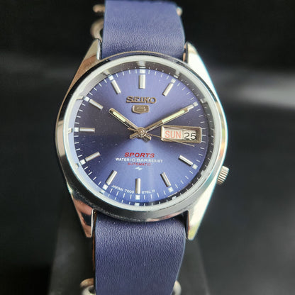 Vintage Mod Seiko 5 Automatic 17 Jewels Cal. 7009 Blue Face Blue Nato Leather Band Day-Date Men's Wrist Watch Sk