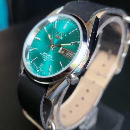 Vintage Mod Seiko 5 Automatic 17 Jewels Cal. 7009 Turquoise Face Black Nato Leather Band Day-Date Men's Wrist Watch Sk