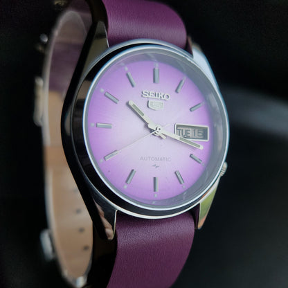 Vintage Mod  Seiko 5 Automatic 17 Jewels Cal. 7009 Purple Face Purple Nato Leather Band Day-Date Men's Wrist Watch Sk