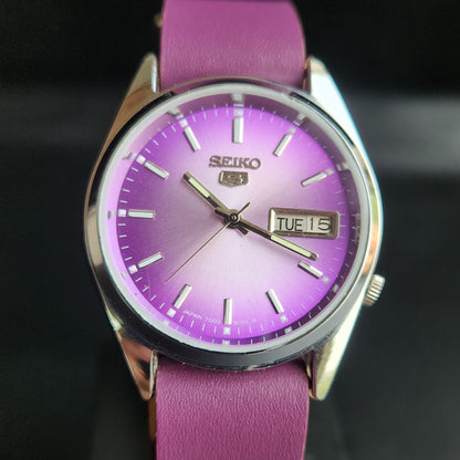 Vintage Mod  Seiko 5 Automatic 17 Jewels Cal. 7009 Purple Face Purple Nato Leather Band Day-Date Men's Wrist Watch Sk