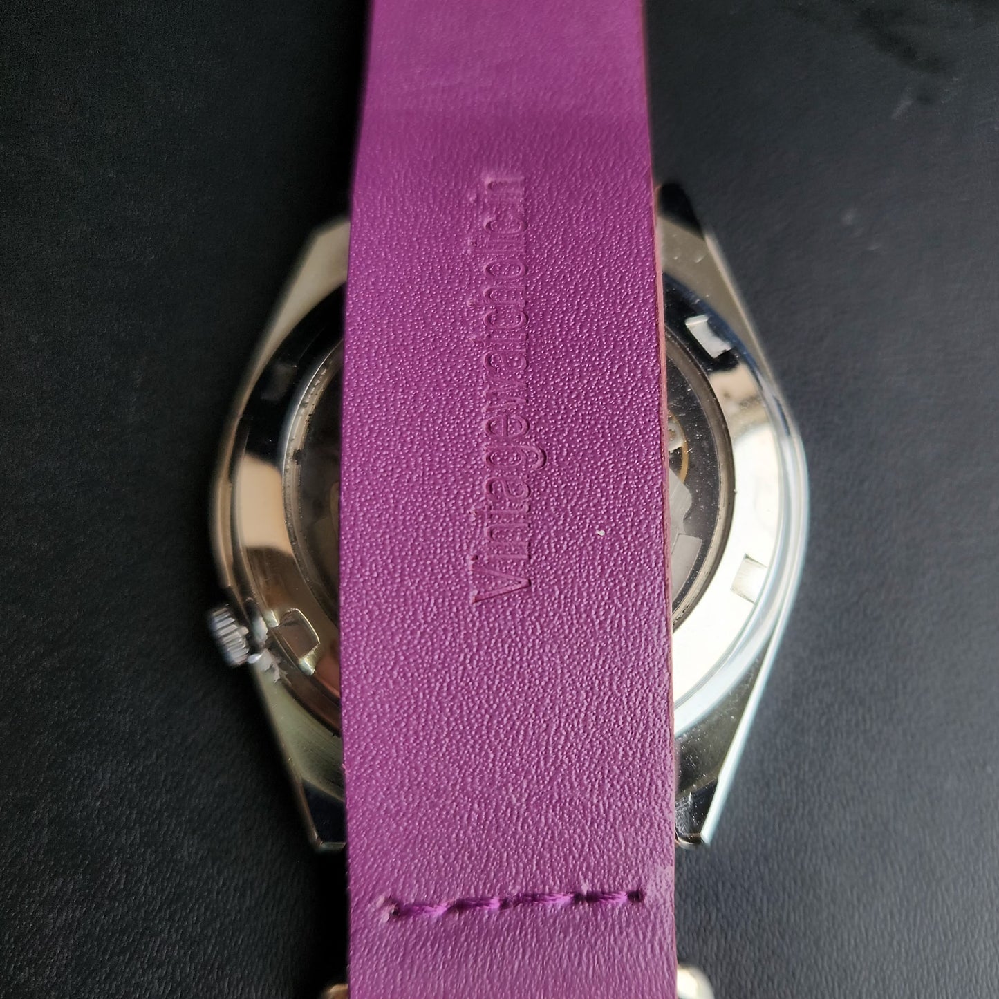 Vintage Mod  Seiko 5 Automatic 17 Jewels Cal. 7009 Purple Face Purple Nato Leather Band Day-Date Men's Wrist Watch Sk