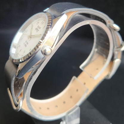 Vintage Mod HMT Kohinoor Devanagari Hand Winding 17 Jewels White Face Fluted Bezel Black Croco Leather Strap Men's Wrist Watch S87