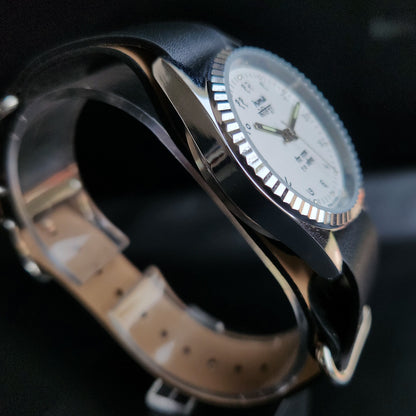 Vintage Mod HMT Kohinoor Devanagari Hand Winding 17 Jewels White Face Fluted Bezel Black Croco Leather Strap Men's Wrist Watch S87