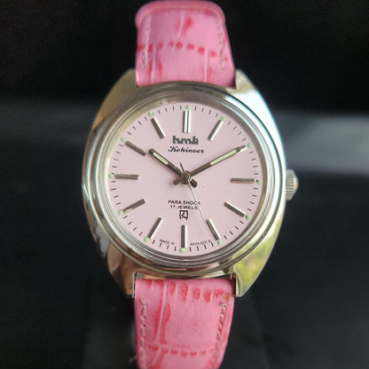 Vintage Mod HMT Kohinoor Hand Winding 17 Jewels Pink Face Pink Croco Leather Strap Men's Wrist Watch S86