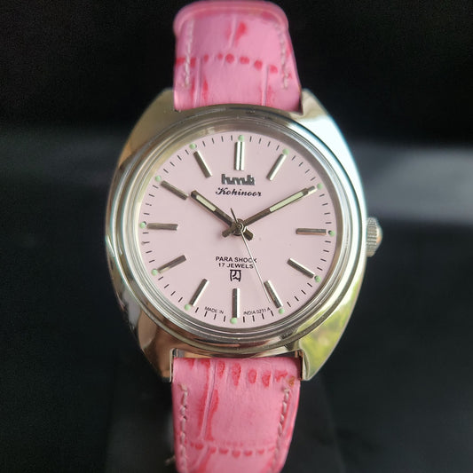 Vintage Mod HMT Kohinoor Hand Winding 17 Jewels Pink Face Pink Croco Leather Strap Men's Wrist Watch S86