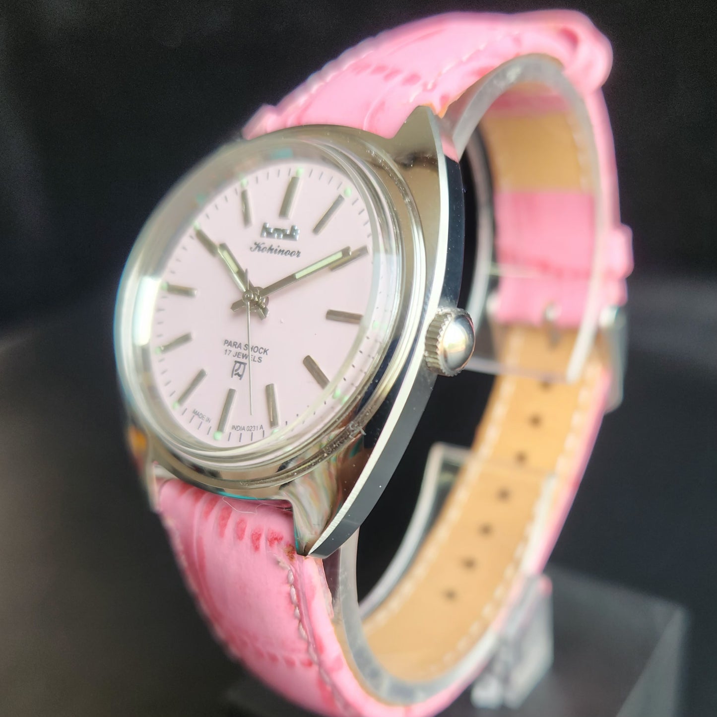 Vintage Mod HMT Kohinoor Hand Winding 17 Jewels Pink Face Pink Croco Leather Strap Men's Wrist Watch S86