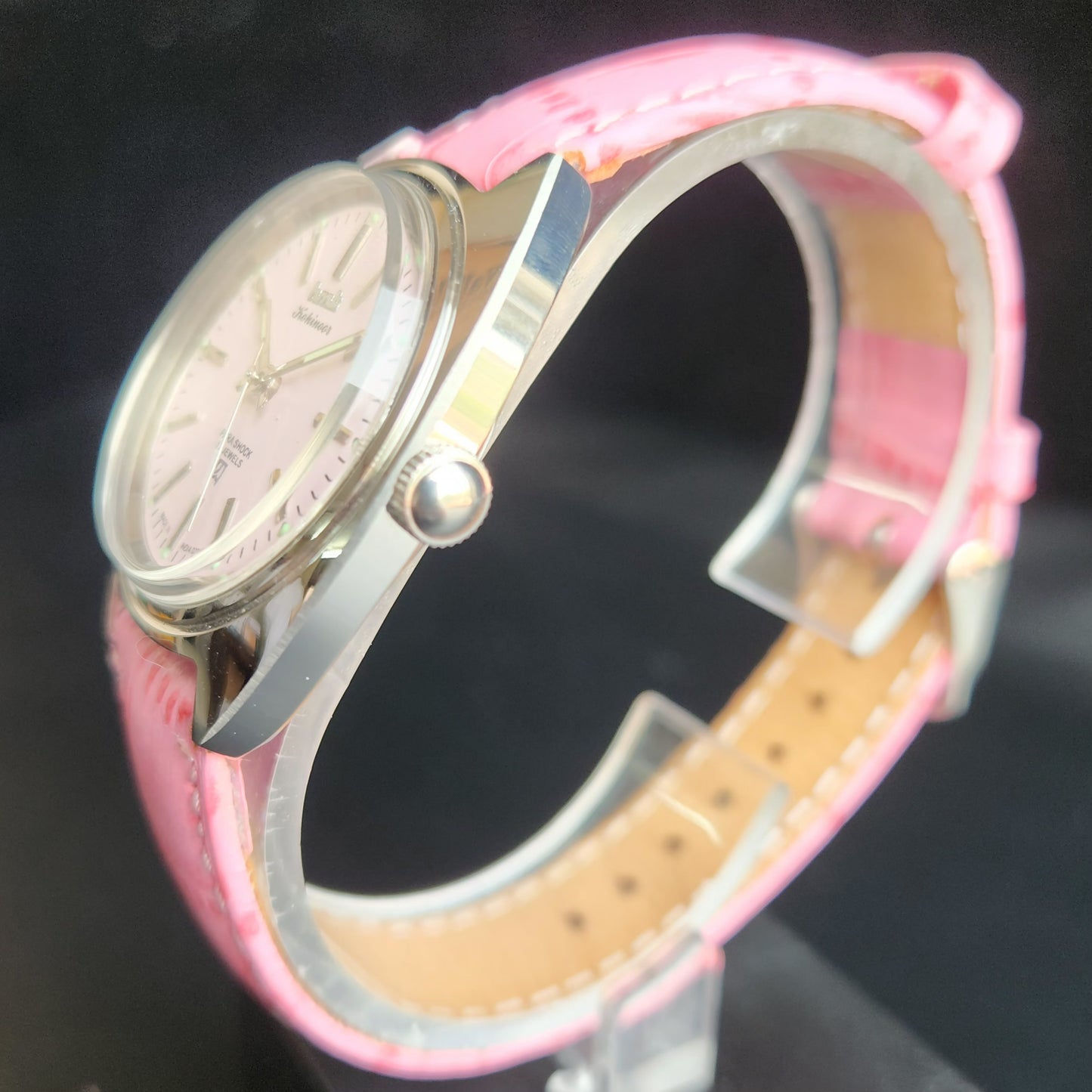 Vintage Mod HMT Kohinoor Hand Winding 17 Jewels Pink Face Pink Croco Leather Strap Men's Wrist Watch S86