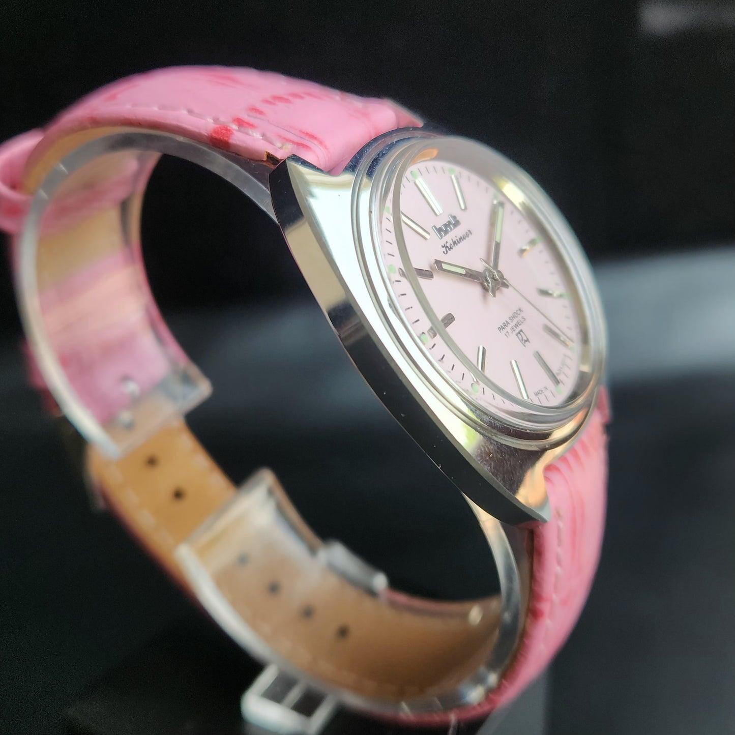 Vintage Mod HMT Kohinoor Hand Winding 17 Jewels Pink Face Pink Croco Leather Strap Men's Wrist Watch S86