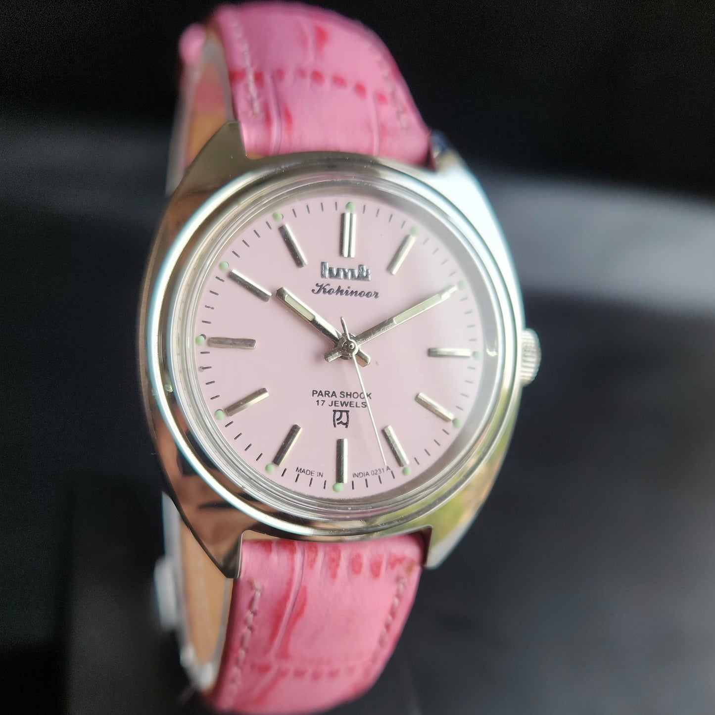 Vintage Mod HMT Kohinoor Hand Winding 17 Jewels Pink Face Pink Croco Leather Strap Men's Wrist Watch S86