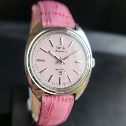 Vintage Mod HMT Kohinoor Hand Winding 17 Jewels Pink Face Pink Croco Leather Strap Men's Wrist Watch S86