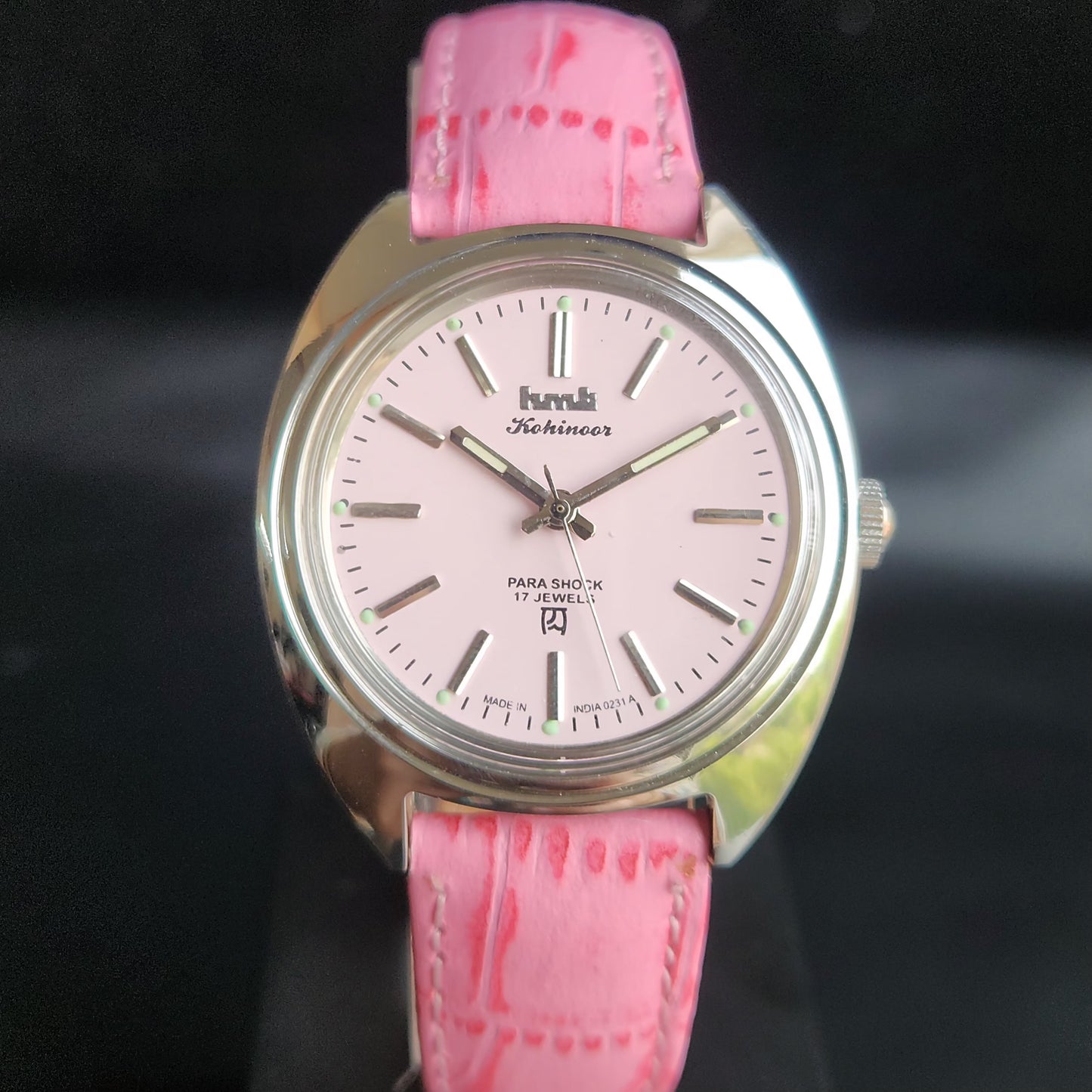 Vintage Mod HMT Kohinoor Hand Winding 17 Jewels Pink Face Pink Croco Leather Strap Men's Wrist Watch S86
