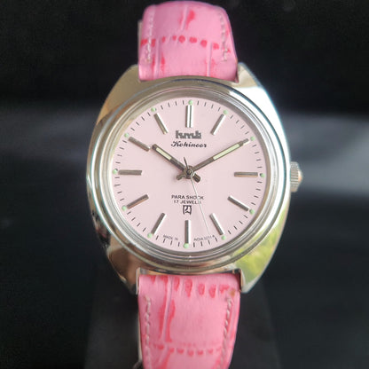 Vintage Mod HMT Kohinoor Hand Winding 17 Jewels Pink Face Pink Croco Leather Strap Men's Wrist Watch S86