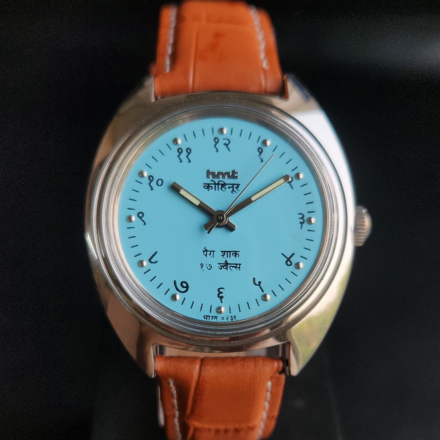 Vintage Mod HMT Kohinoor Devanagari Hand Winding 17 Jewels Sky Blue Face Blue Croco Leather Strap Men's Wrist Watch Sk