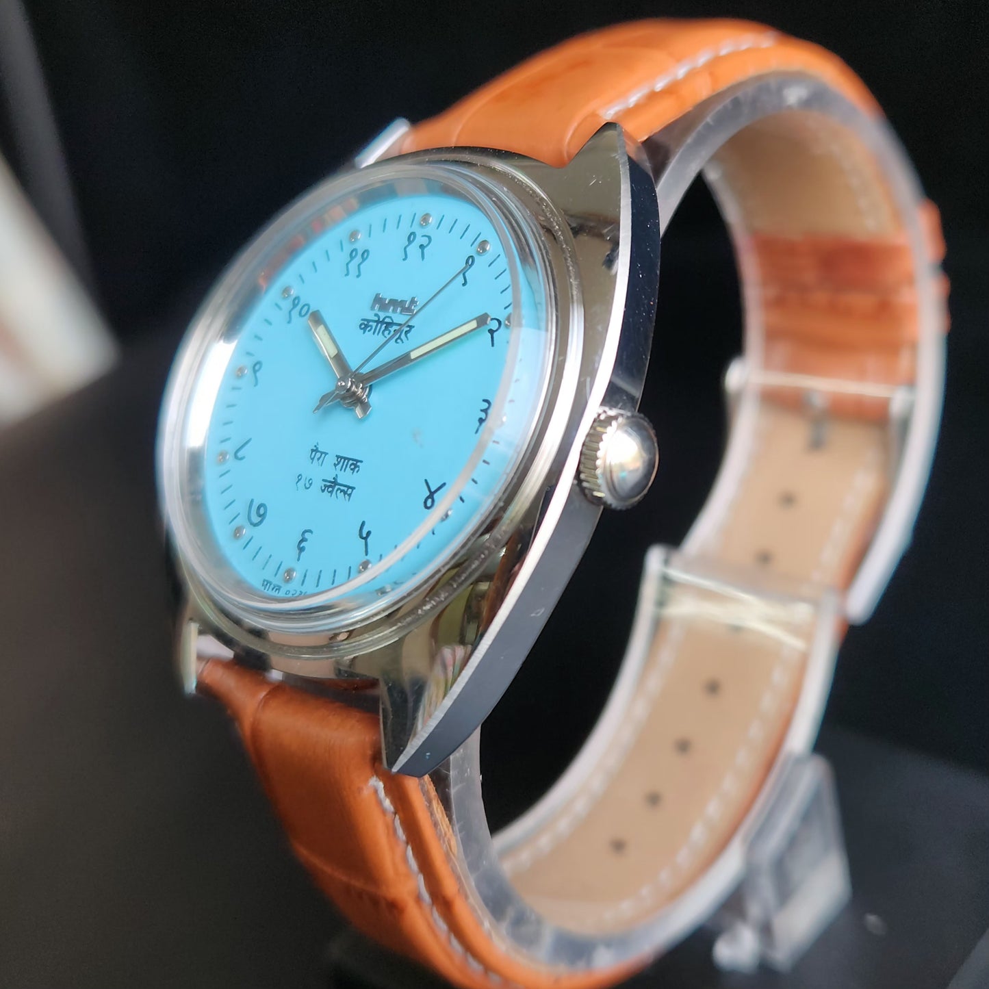 Vintage Mod HMT Kohinoor Devanagari Hand Winding 17 Jewels Sky Blue Face Blue Croco Leather Strap Men's Wrist Watch Sk