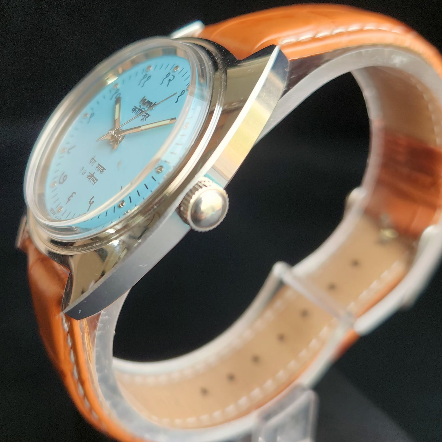 Vintage Mod HMT Kohinoor Devanagari Hand Winding 17 Jewels Sky Blue Face Blue Croco Leather Strap Men's Wrist Watch Sk