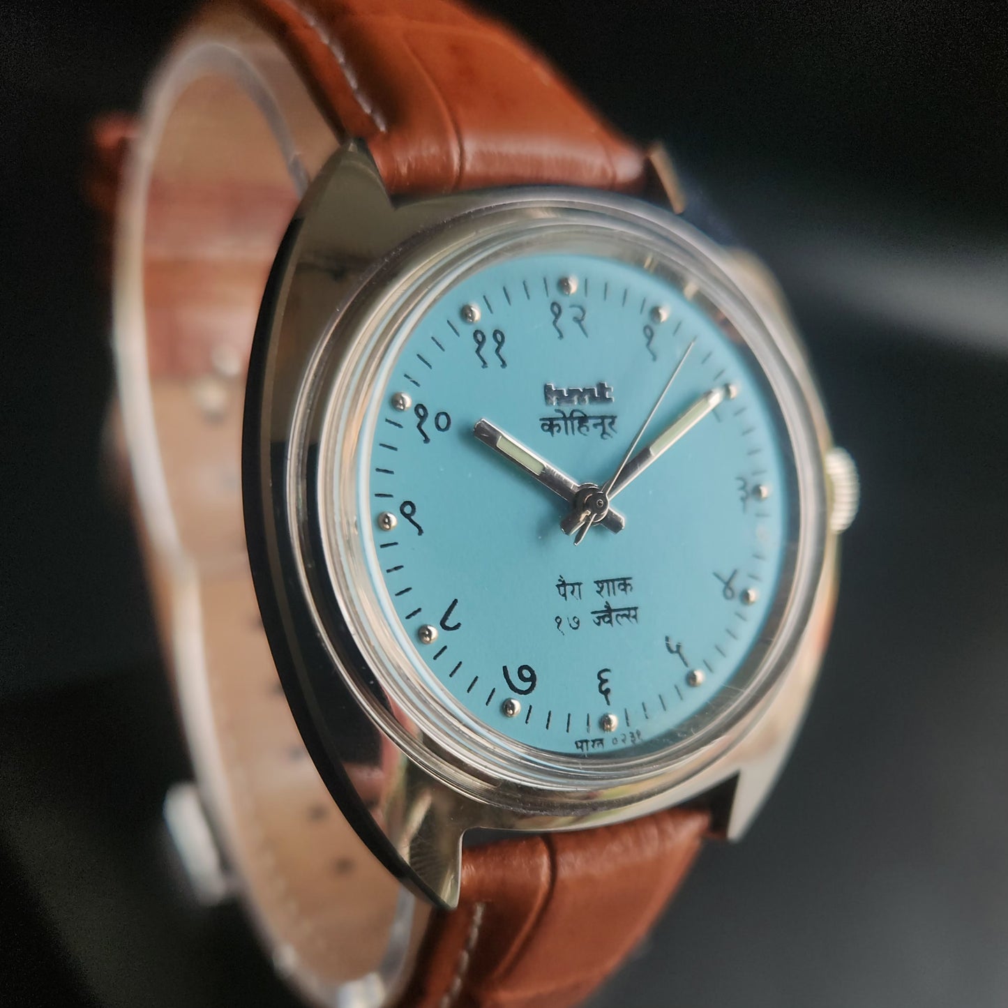 Vintage Mod HMT Kohinoor Devanagari Hand Winding 17 Jewels Sky Blue Face Blue Croco Leather Strap Men's Wrist Watch Sk
