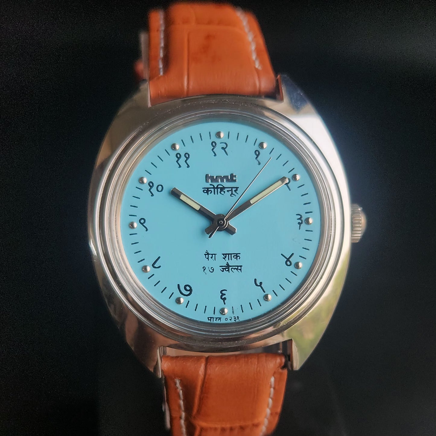 Vintage Mod HMT Kohinoor Devanagari Hand Winding 17 Jewels Sky Blue Face Blue Croco Leather Strap Men's Wrist Watch Sk