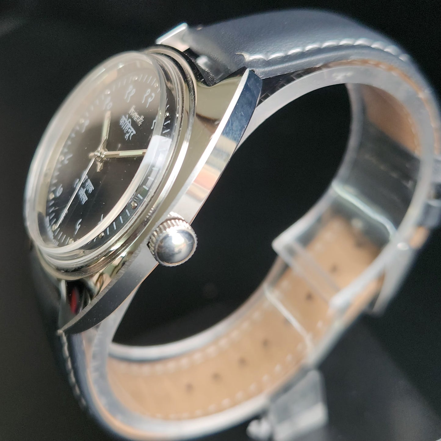Vintage Mod HMT Kohinoor Devanagari Hand Winding 17 Jewels Black Face Black Croco Leather Strap Men's Wrist Watch S85
