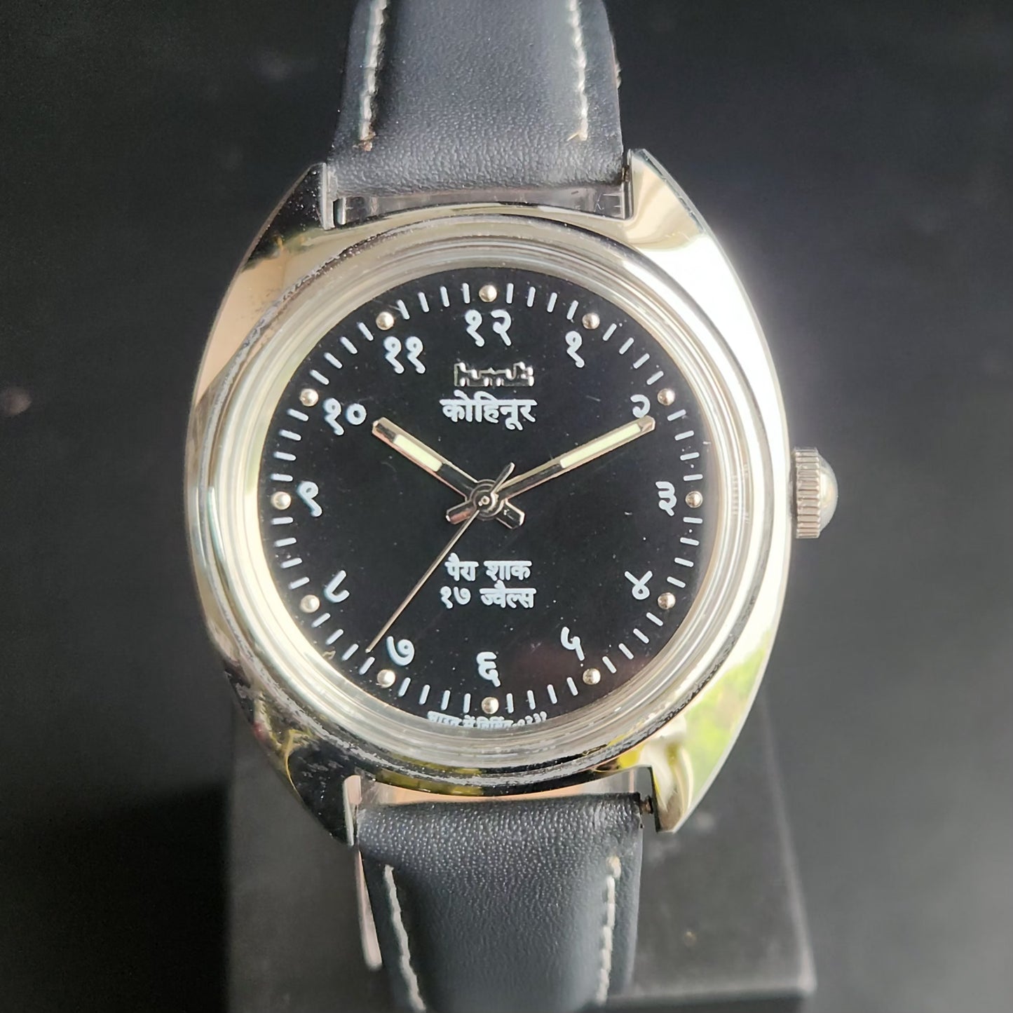 Vintage Mod HMT Kohinoor Devanagari Hand Winding 17 Jewels Black Face Black Croco Leather Strap Men's Wrist Watch S85