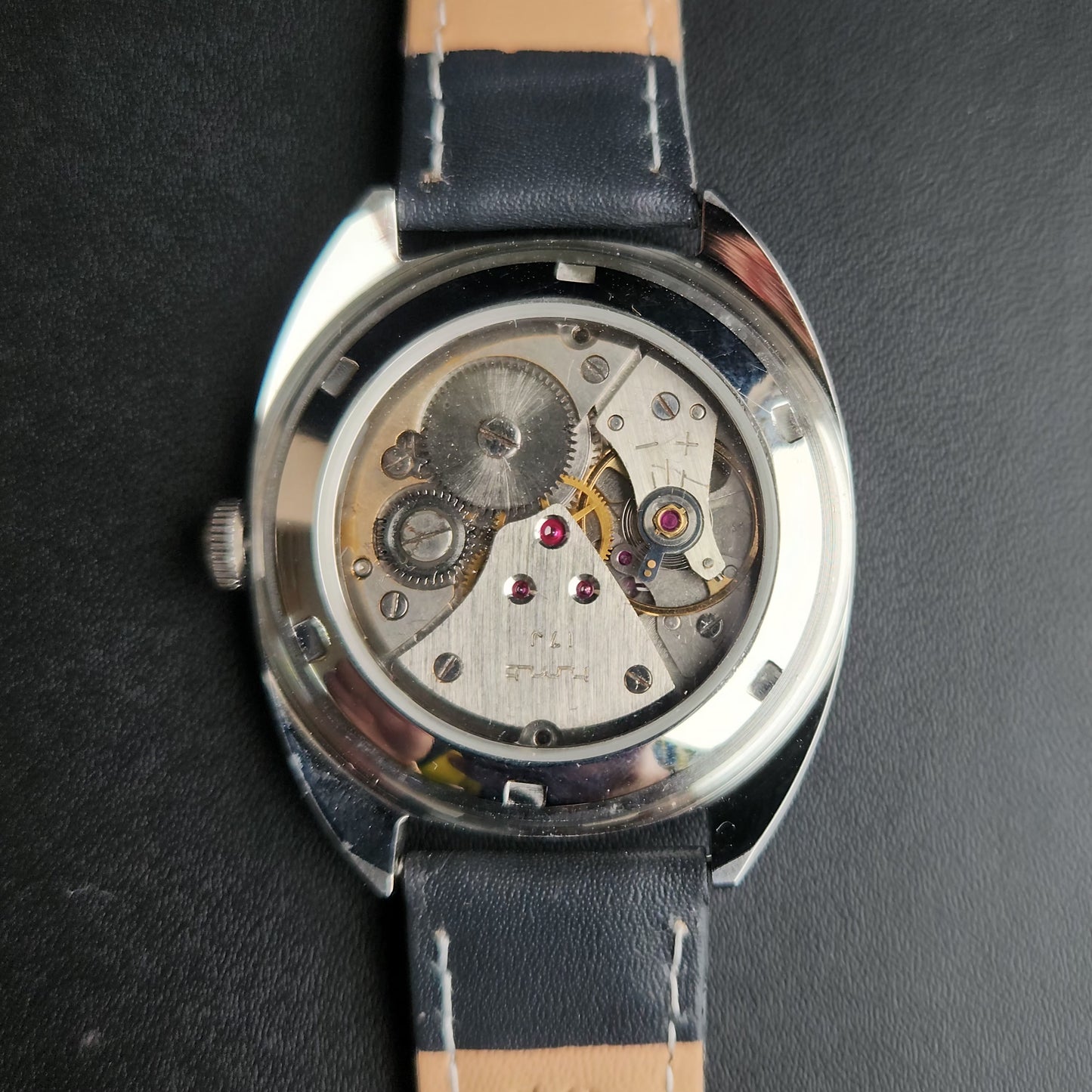 Vintage Mod HMT Kohinoor Devanagari Hand Winding 17 Jewels Black Face Black Croco Leather Strap Men's Wrist Watch S85