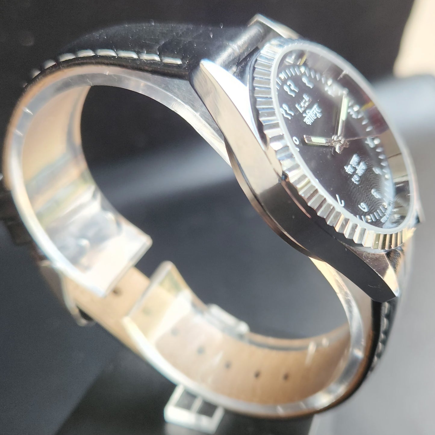 Vintage Mod HMT Kohinoor Devanagari Hand Winding 17 Jewels Black Face Fluted Bazel Black Croco Leather Strap Men's Wrist Watch S88