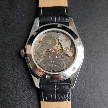 Vintage Mod HMT Kohinoor Devanagari Hand Winding 17 Jewels Black Face Fluted Bazel Black Croco Leather Strap Men's Wrist Watch S88