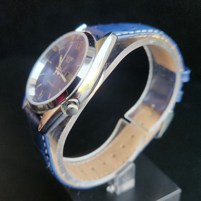 Vintage Mod  Seiko 5 Automatic 17 Jewels Cal. 7009 Blue Face Blue Leather Band Day-Date Men's Wrist Watch Sk