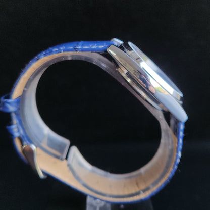 Vintage Mod  Seiko 5 Automatic 17 Jewels Cal. 7009 Blue Face Blue Leather Band Day-Date Men's Wrist Watch Sk