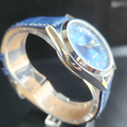 Vintage Mod  Seiko 5 Automatic 17 Jewels Cal. 7009 Blue Face Blue Leather Band Day-Date Men's Wrist Watch Sk
