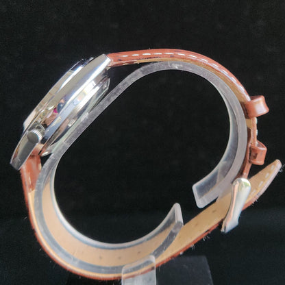 Vintage Mod Seiko 5 Automatic 17 Jewels Cal. 7009 Silver Face Brown Leather Band Day-Date Men's Wrist Watch Sk