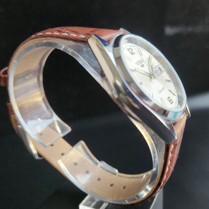 Vintage Mod Seiko 5 Automatic 17 Jewels Cal. 7009 Silver Face Brown Leather Band Day-Date Men's Wrist Watch Sk