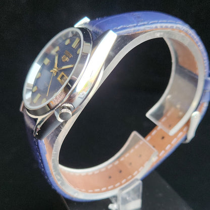Vintage Mod  Seiko 5 Automatic 17 Jewels Cal. 7009 Blue Face Blue Leather Band Day-Date Men's Wrist Watch Sk