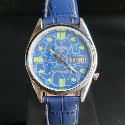 Vintage Mod Seiko 5 Automatic 17 Jewels Cal. 7009 Blue Face Blue Leather Band Day-Date Men's Wrist Watch Sk