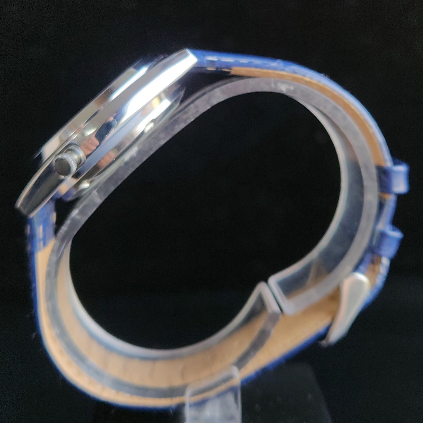 Vintage Mod Seiko 5 Automatic 17 Jewels Cal. 7009 Blue Face Blue Leather Band Day-Date Men's Wrist Watch Sk